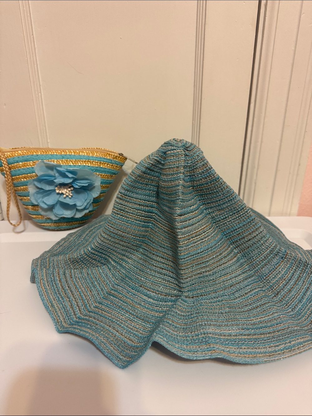 Striped Turquoise Sun Hat for Women - Lightweight Beach Hat with pouch